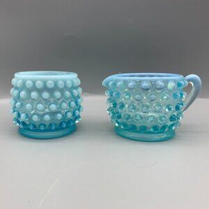 Vintage Fenton Mini Light Blue Opalescent Hobnail Glass Cream & Sugar Set